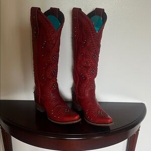 Elegant Red Embellished Heeled Boots
